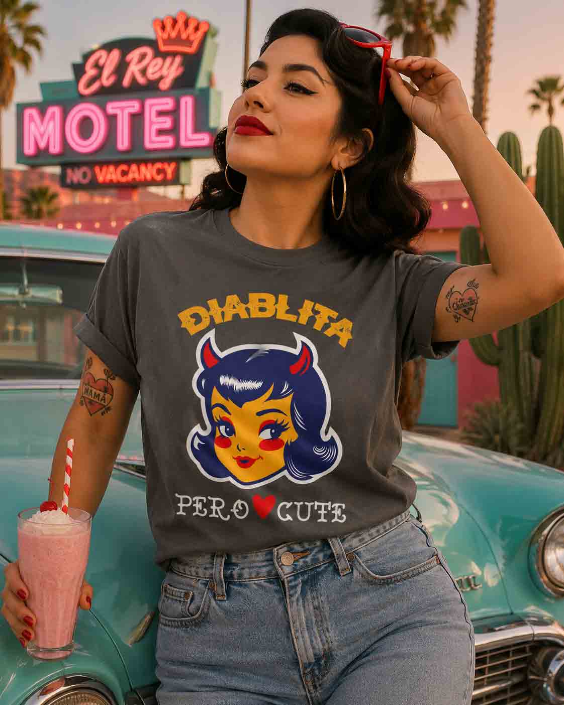 Diablita Pero Cute lifestyle 1 - retro devil girl Comfort Colors Latina gift tee