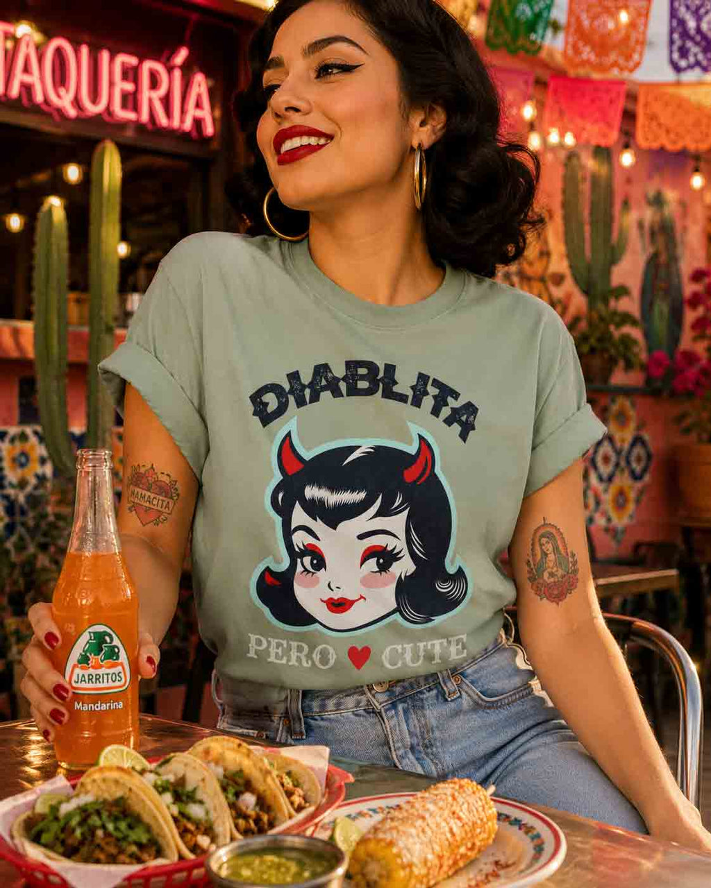 Latina-inspired streetwear outfit featuring the Diablita Pero Cute graphic tee.