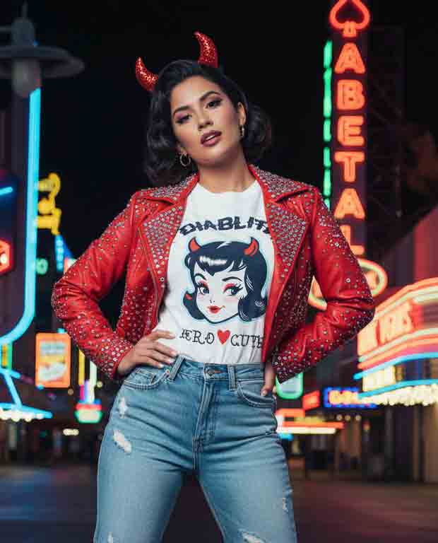 White Comfort Colors® t-shirt featuring the playful "Diablita Pero Cute" retro devil girl graphic. Inspired by Chicana culture, Latina fashion, and vintage pin-up aesthetics, perfect for everyday streetwear and unique gift ideas.