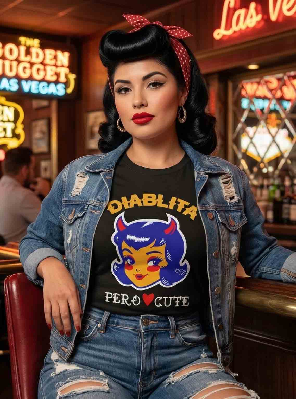Diablita Pero Cute lifestyle 2 - garment-dyed chicana devil girl humor graphic tee