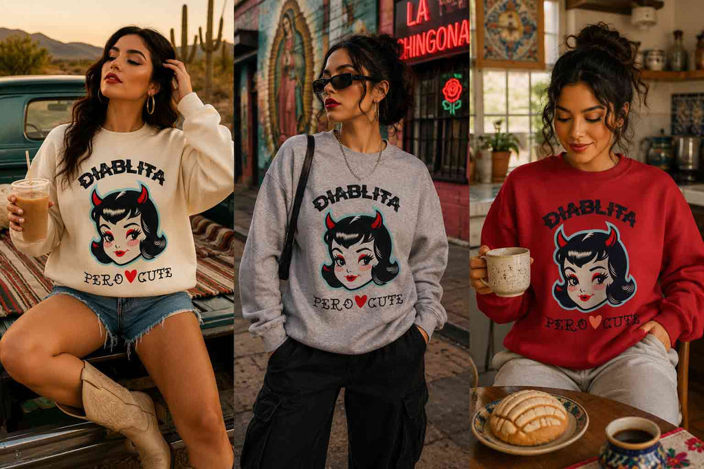Diablita Pero Cute Crewneck Sweatshirt | Retro Pinup Devil Latina Pullover