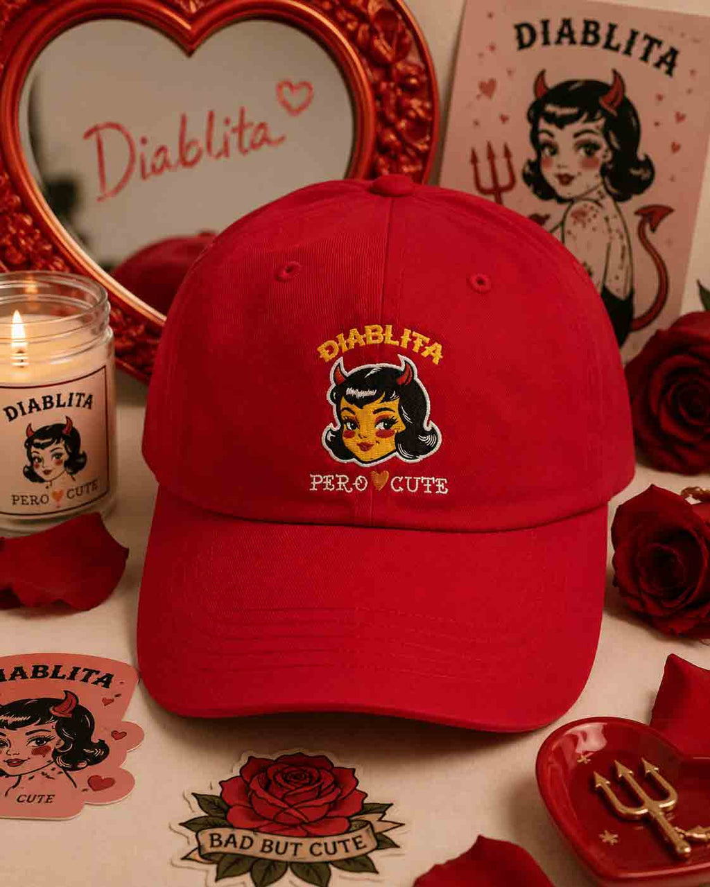 Fierce & Cute Devil Girl Dad Cap | Retro Embroidered Chicana Baseball Hat
