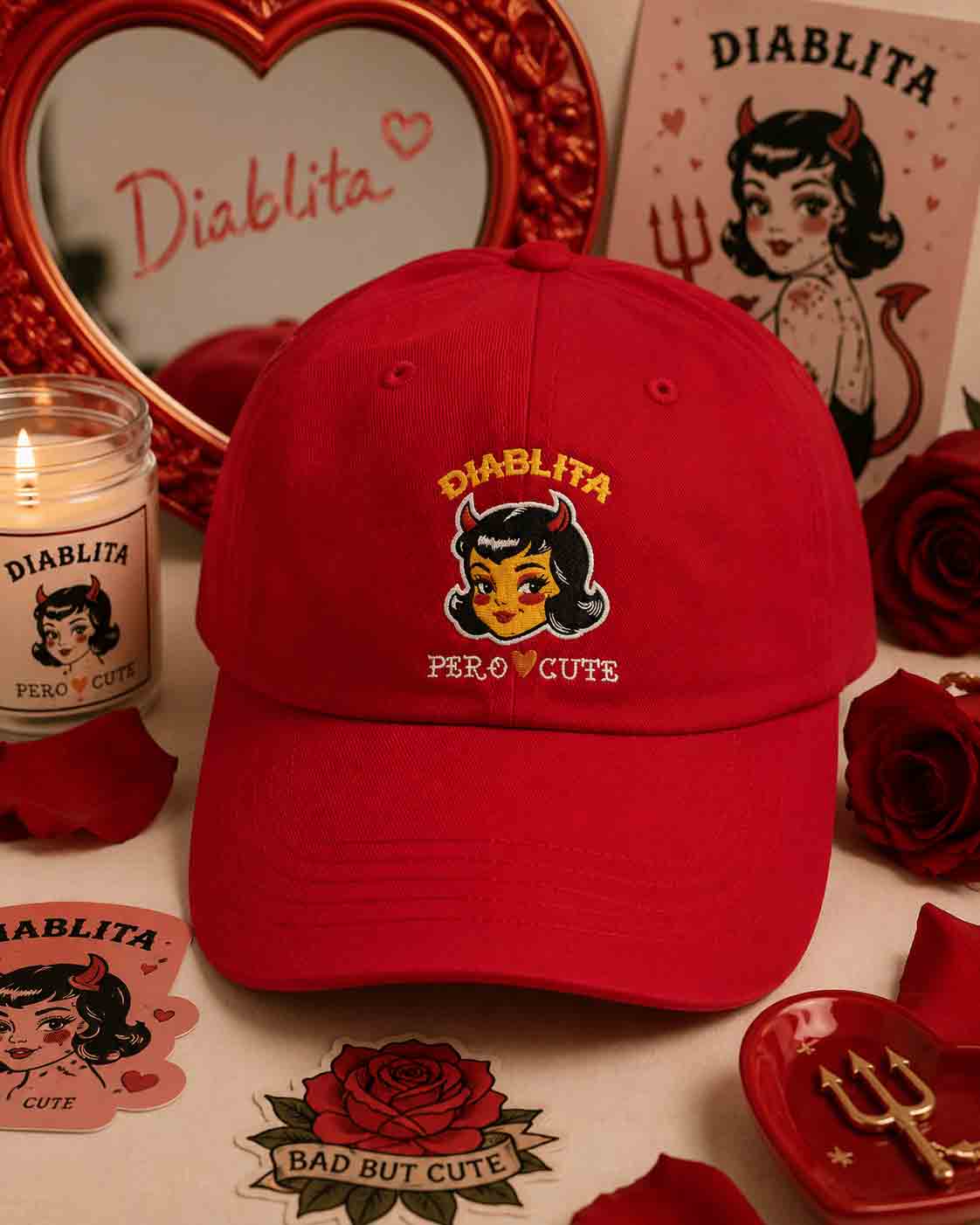 Fierce & Cute Devil Girl Dad Cap | Retro Embroidered Chicana Baseball Hat