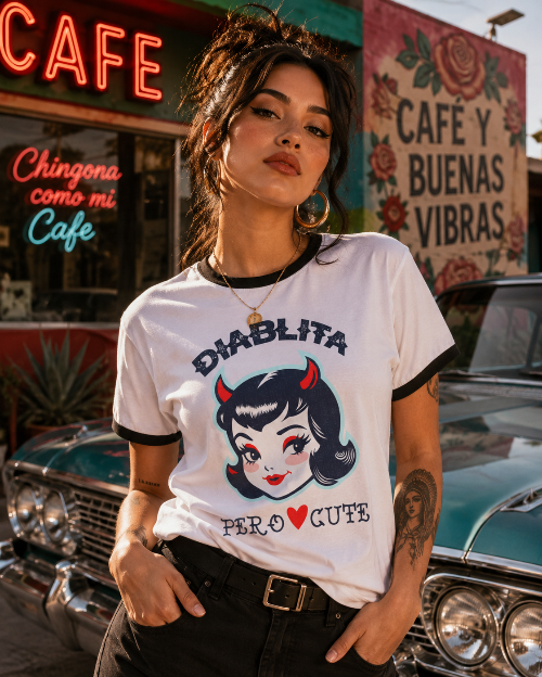 Latina woman wearing retro Diablita Pero Cute ringer t-shirt with vintage chicana aesthetic and classic lowrider background