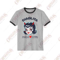Heather Gray ringer t-shirt with black trim featuring a vintage retro devil girl illustration and the text Diablita Pero Cute.