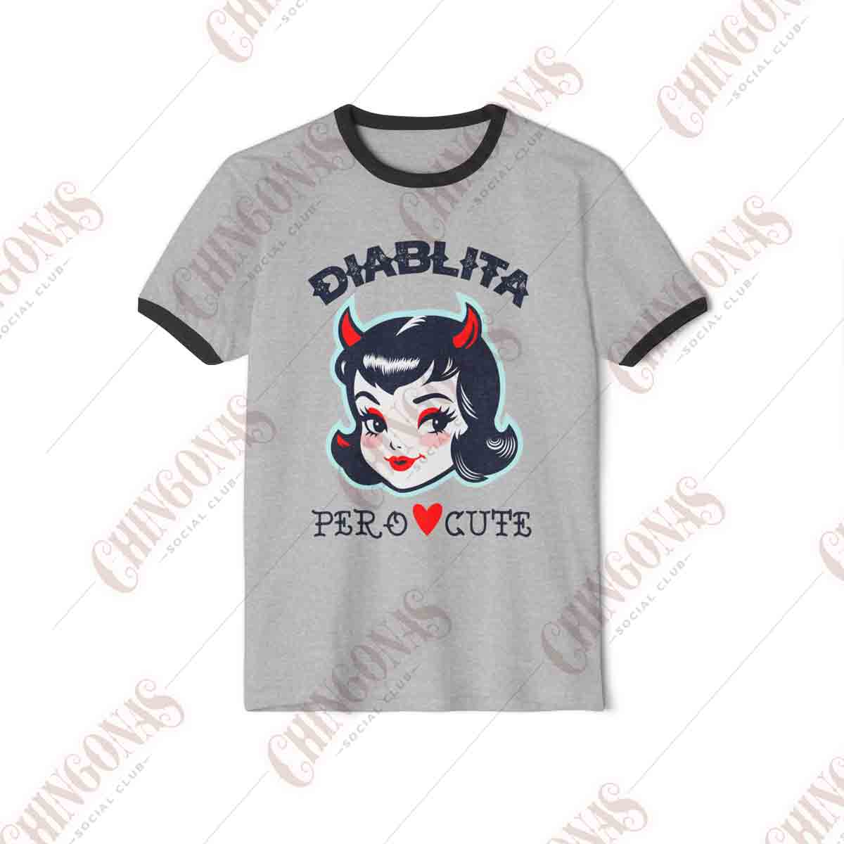 Heather Gray ringer t-shirt with black trim featuring a vintage retro devil girl illustration and the text Diablita Pero Cute.