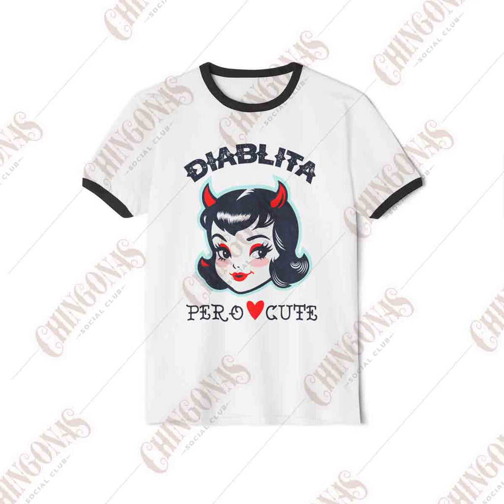White ringer t-shirt with black trim featuring a vintage retro devil girl illustration and the text Diablita Pero Cute.