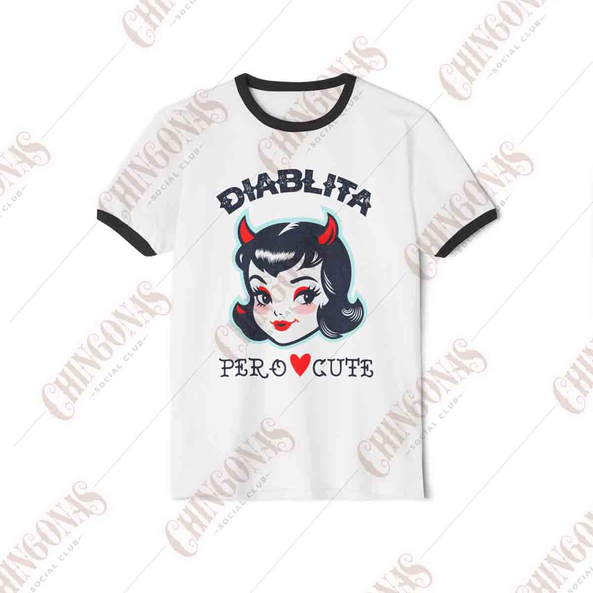 White ringer t-shirt with black trim featuring a vintage retro devil girl illustration and the text Diablita Pero Cute.