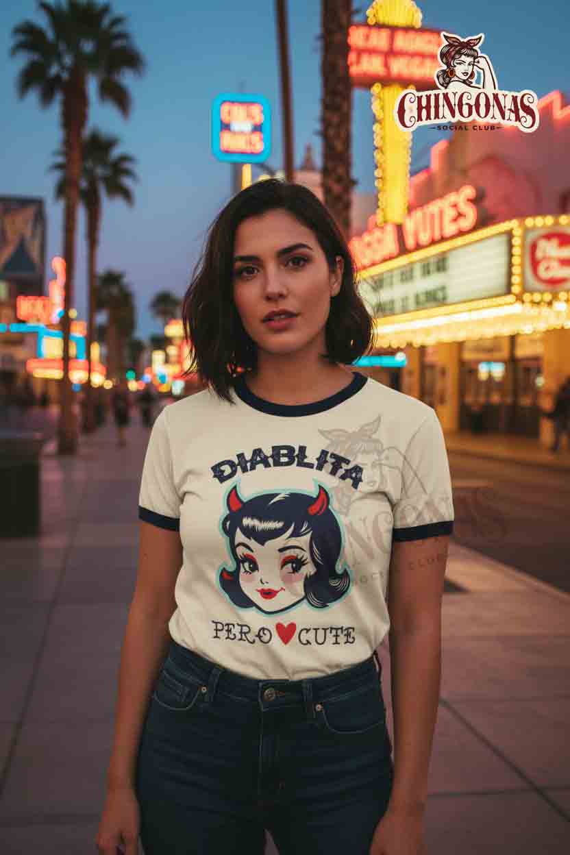 Ringer t-shirt with black trim featuring a vintage retro devil girl illustration and the text Diablita Pero Cute.