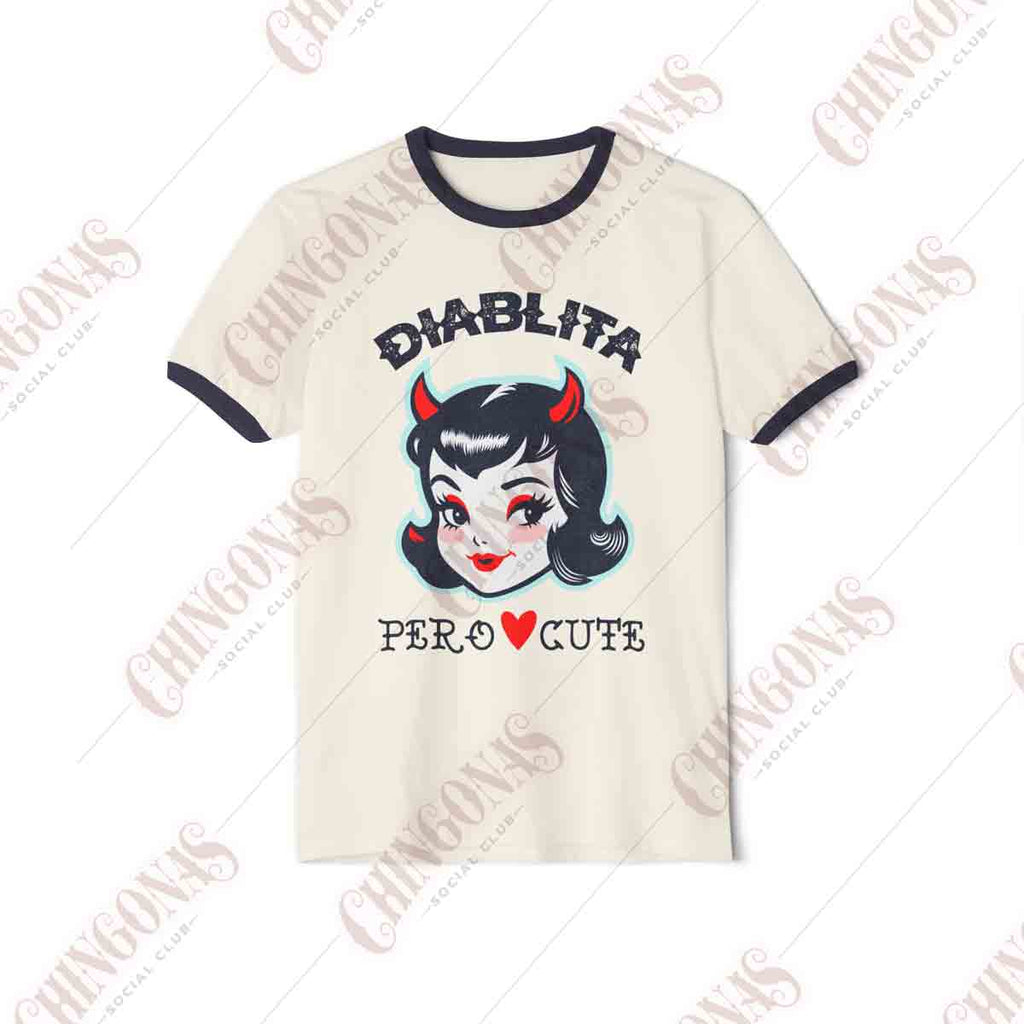 Natural ringer t-shirt with black trim featuring a vintage retro devil girl illustration and the text Diablita Pero Cute.