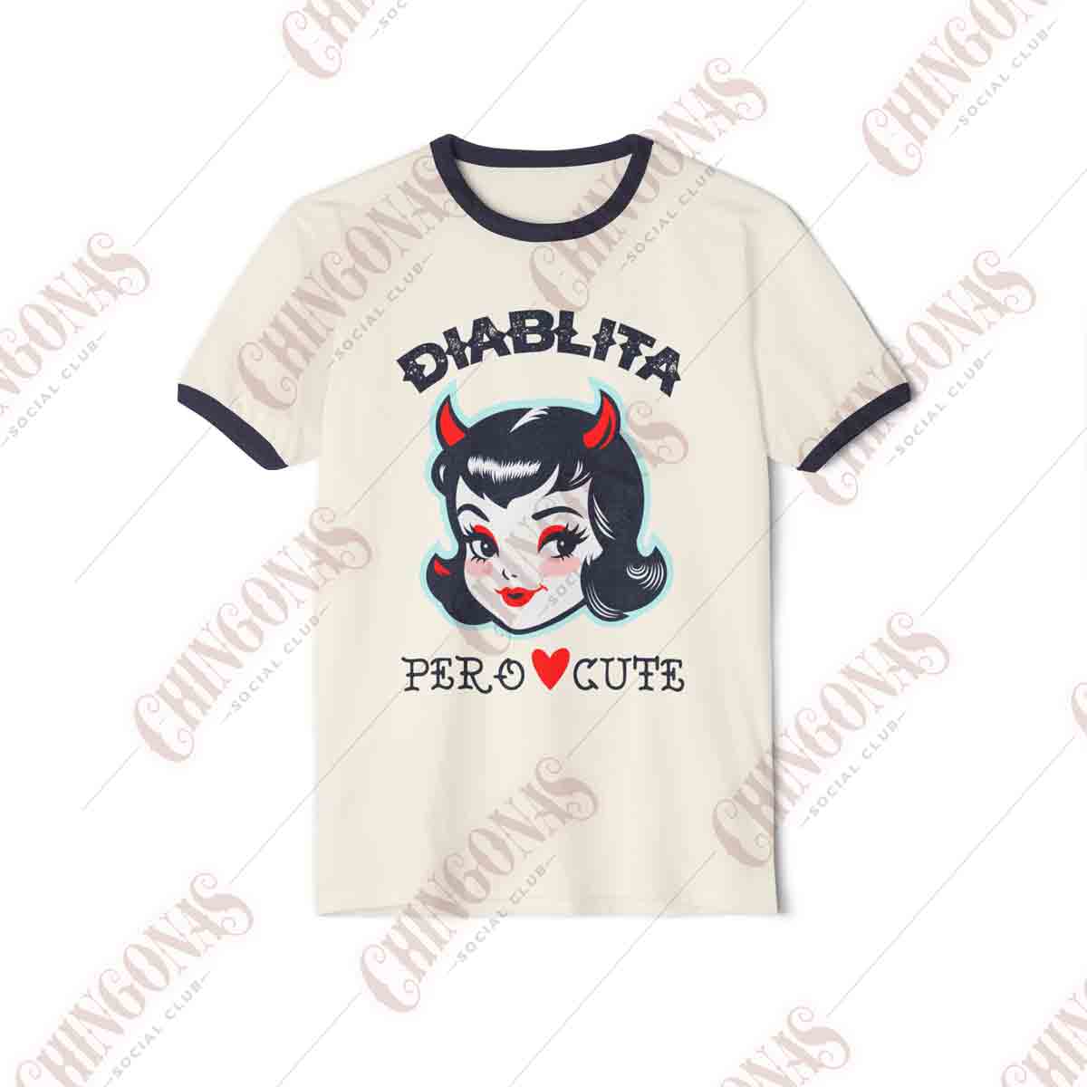 Natural ringer t-shirt with black trim featuring a vintage retro devil girl illustration and the text Diablita Pero Cute.