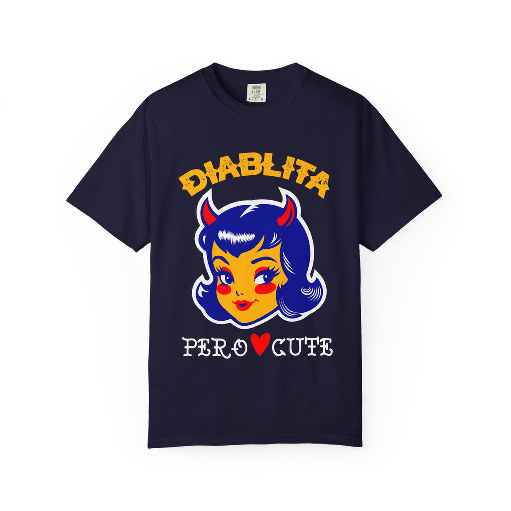 Diablita Pero Cute true navy tee - retro Latina devil girl Comfort Colors garment-dyed