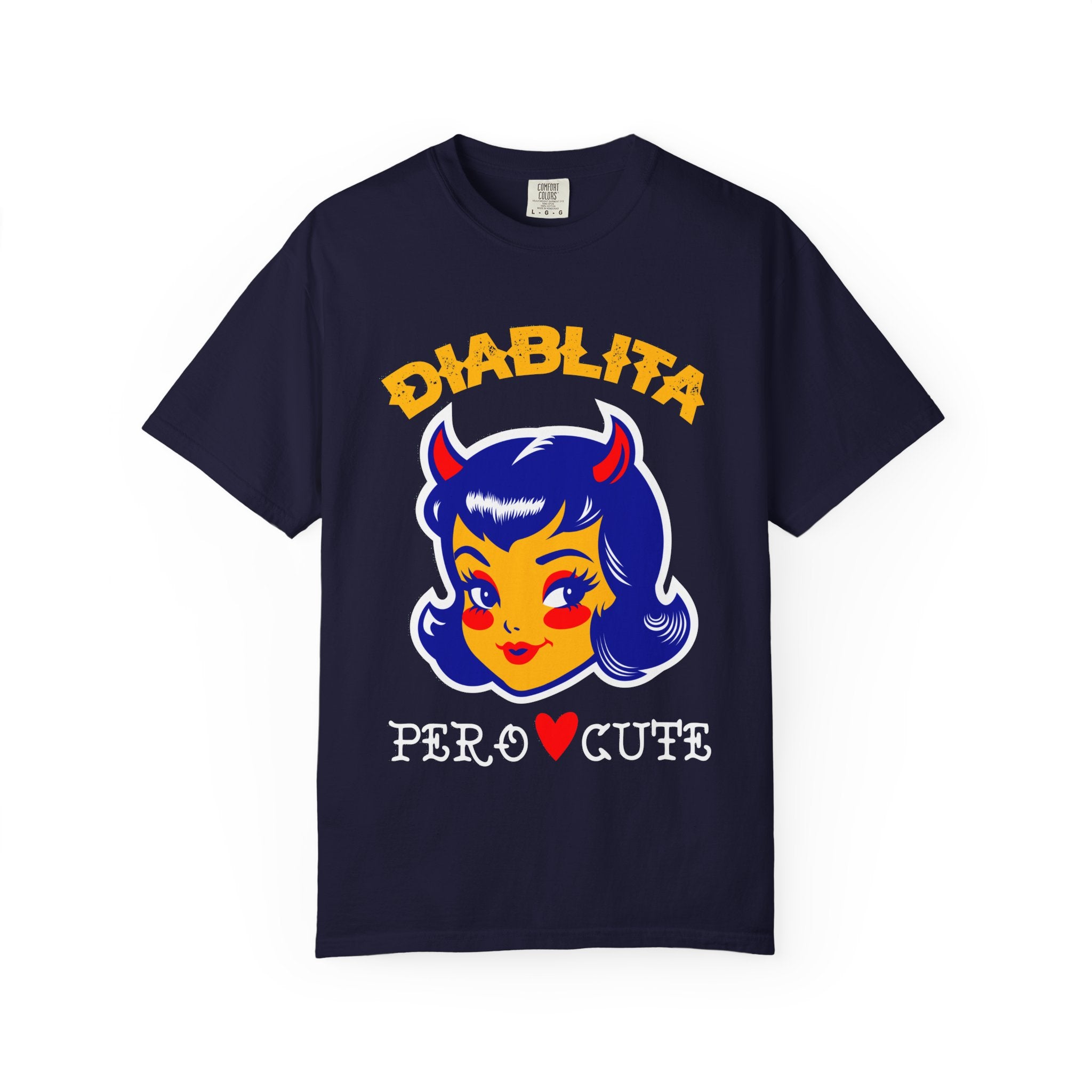 Diablita Pero Cute true navy tee - retro Latina devil girl Comfort Colors garment-dyed