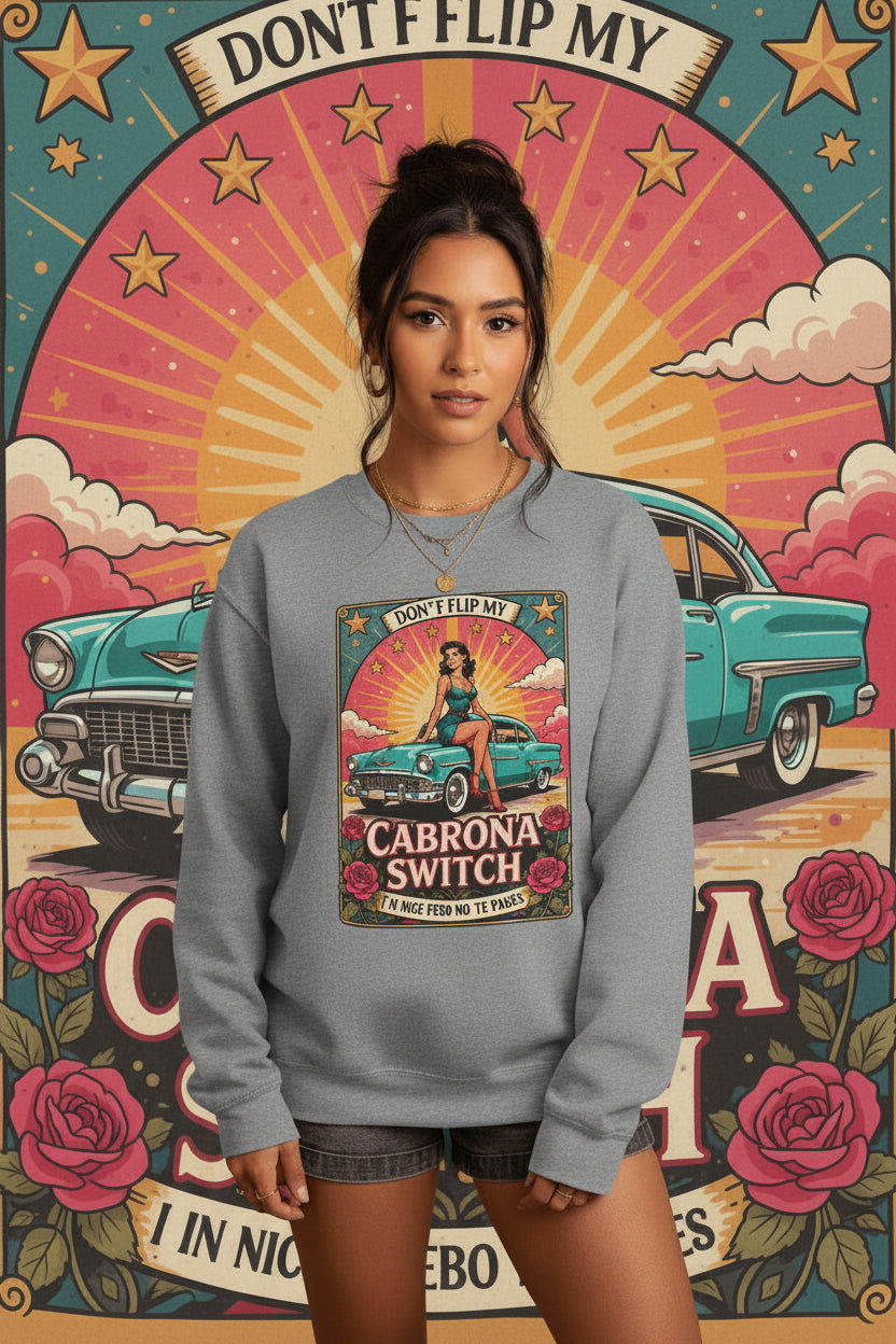 Don't Flip My Cabrona Switch crewneck detail - bold retro pinup car sunset rose design