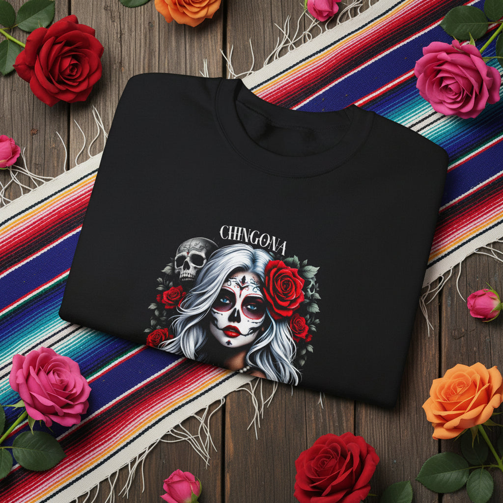 Chingona sugar skull rose gothic crewneck detail - Dia de Muertos silver hair portrait pullover