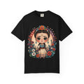 Whimsical Mexican folk art doll with floral crown and celestial accents on a heavyweight cotton t-shirt.
