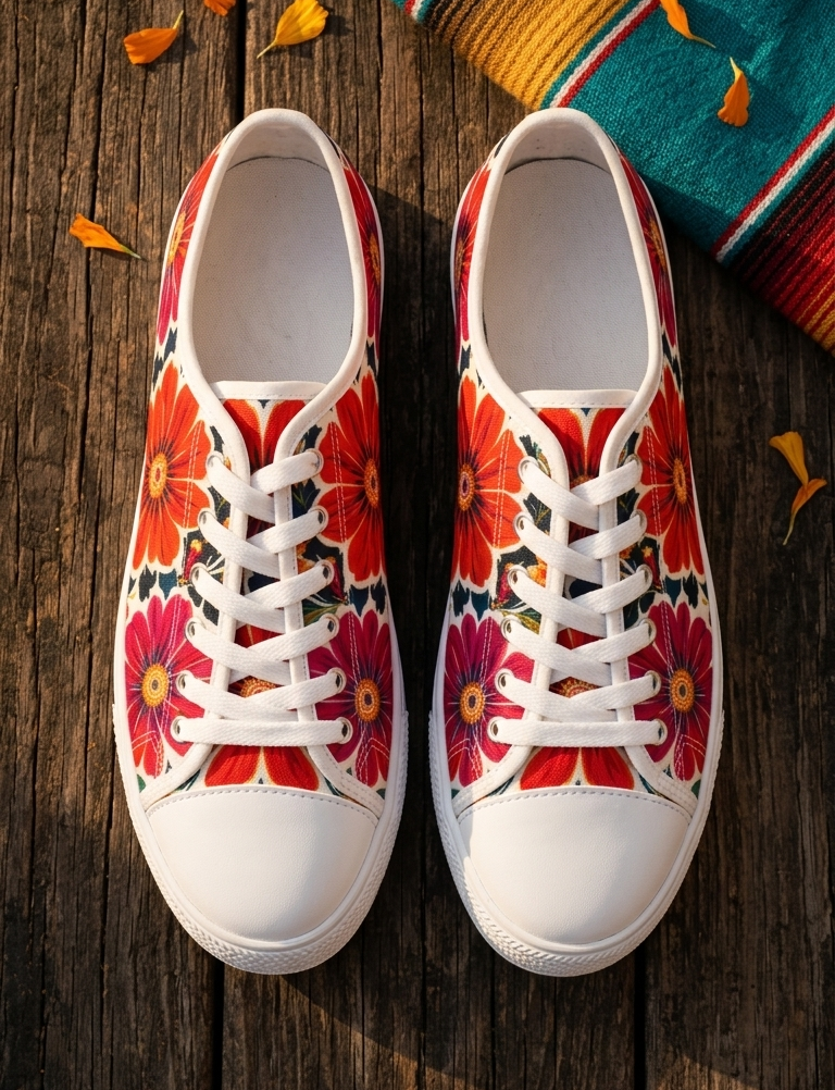 Red retro daisy low-top sneakers side view - bold floral canvas women's shoes white sole