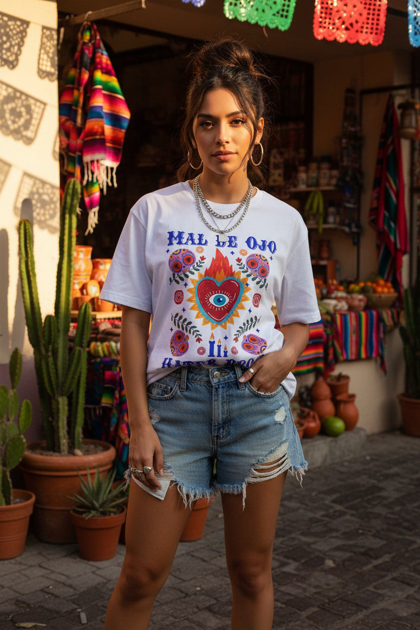 Mal de Ojo Hater Proof tee detail - vibrant folk art evil eye floral heart print