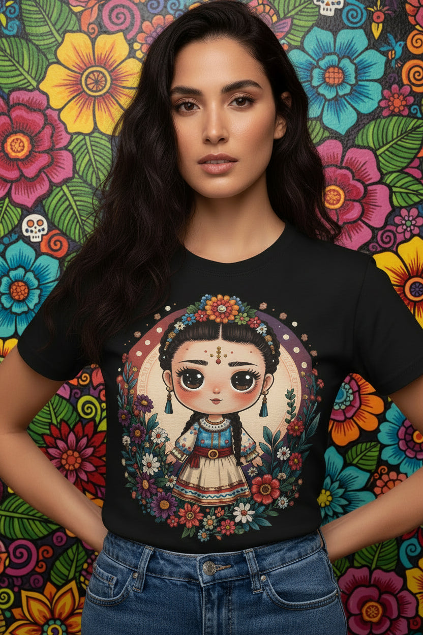 Whimsical Mexican folk art doll with floral crown and celestial accents on a heavyweight cotton t-shirt.