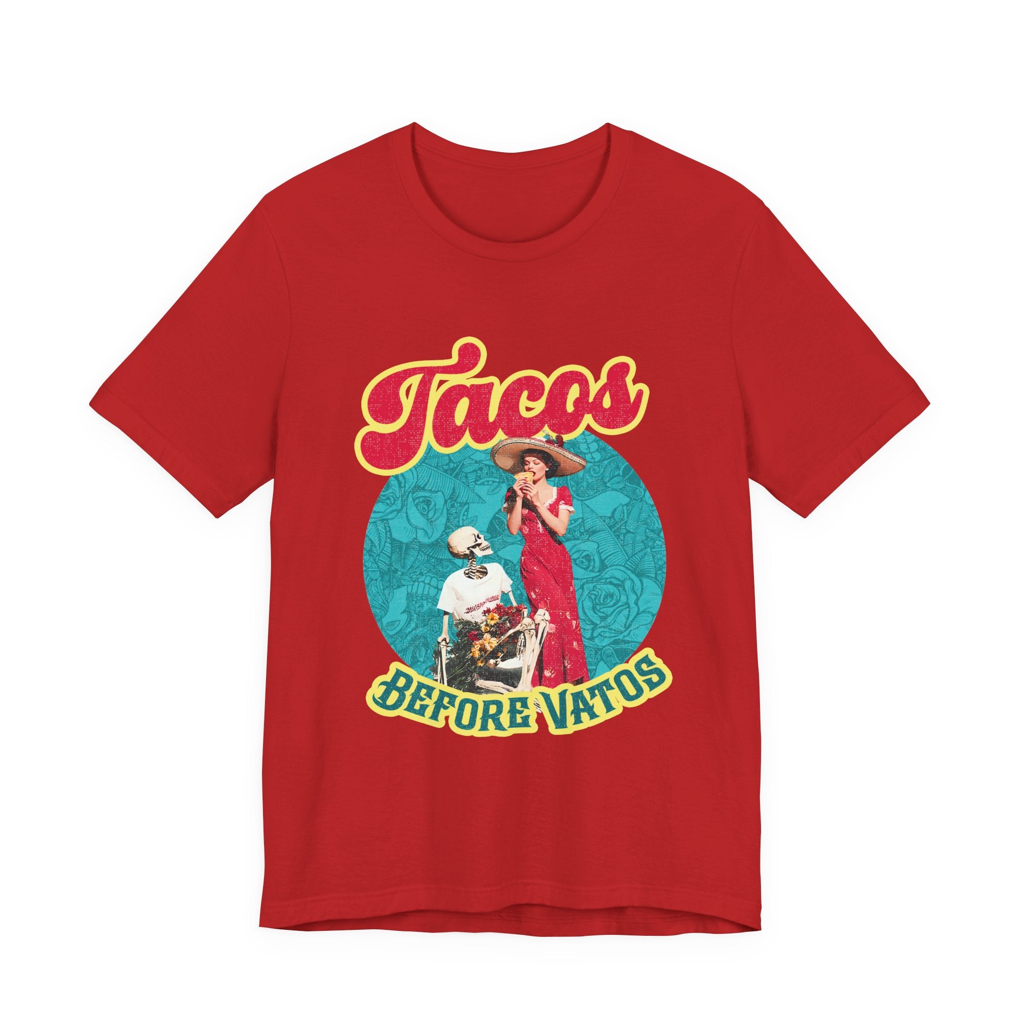Retro pinup taco tee for Latinas - Tacos Before Vatos dark grey graphic shirt