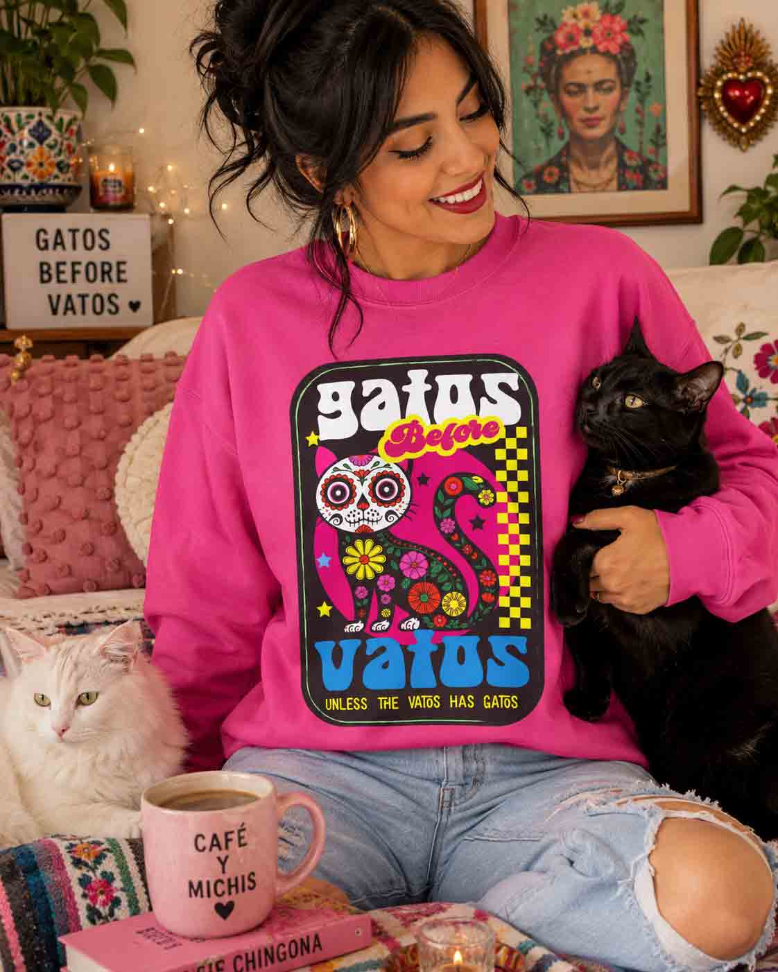 Gatos Vatos Day of Dead cat crewneck closeup - vibrant cat lover sugar skull Latina pullover