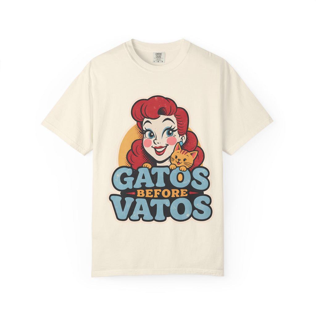 Retro Chicana cat lover shirt in bay color - bold Spanish slogan graphic tee