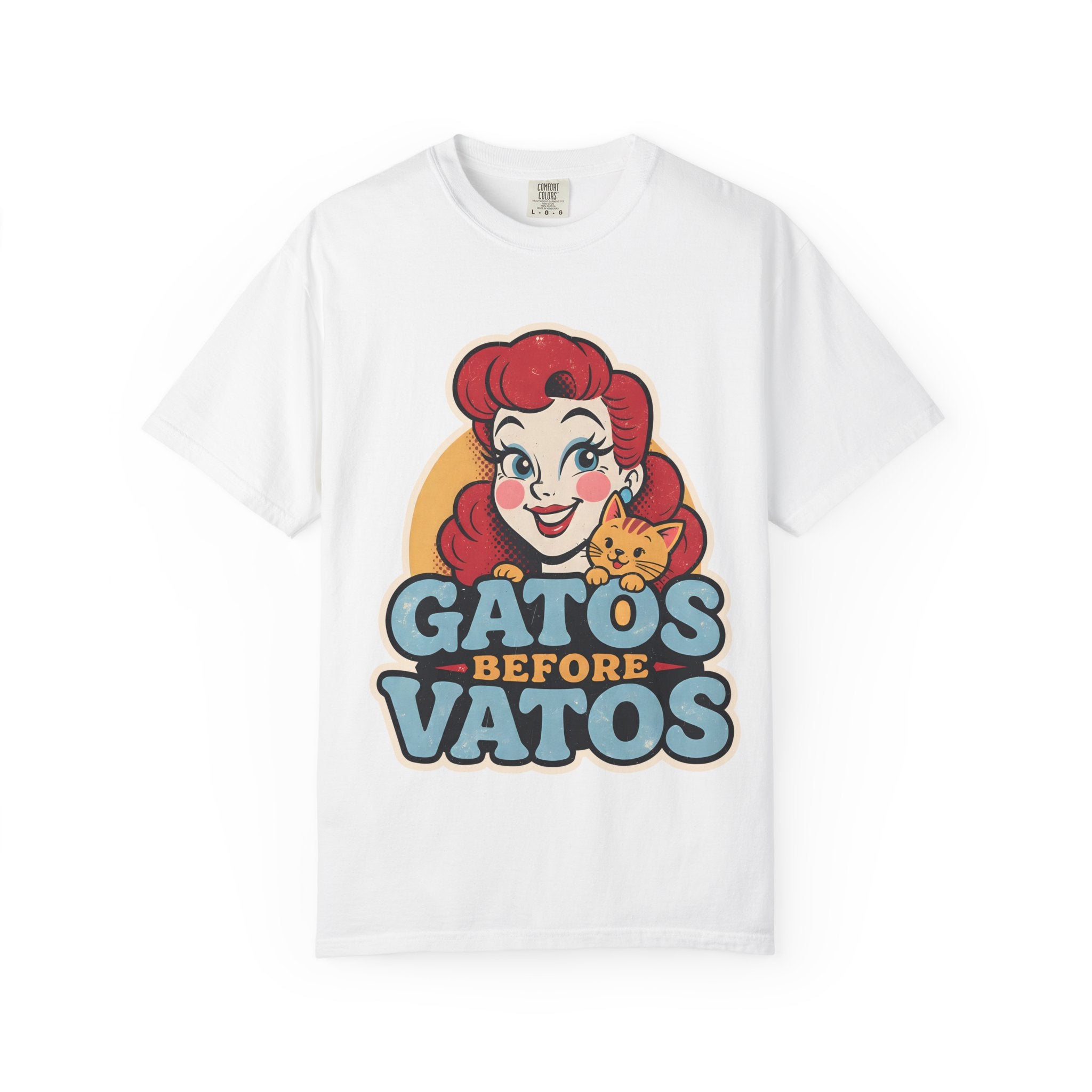 Comfort Colors garment-dyed cat tee for Latinas - Gatos Before Vatos white