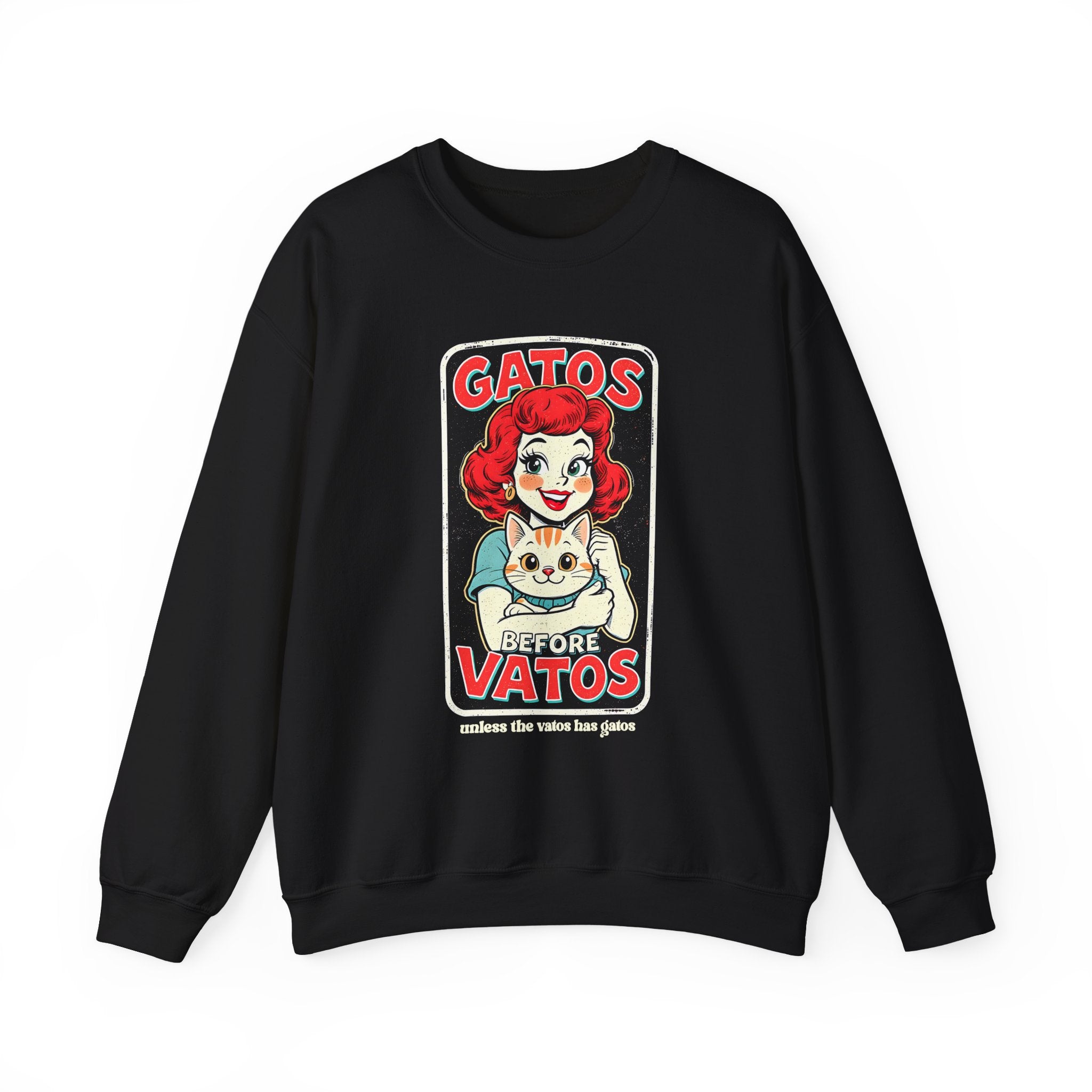 Gatos Before Vatos crewneck sweatshirt in black - retro cat lover Latina pullover