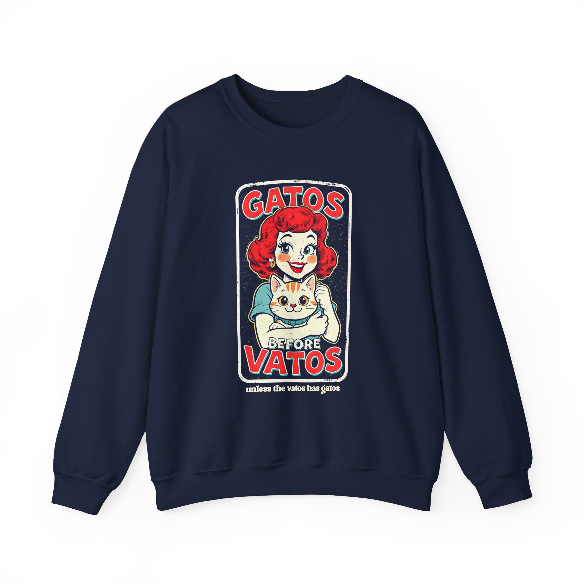 Chicana cat mama crewneck sweatshirt navy - Gatos Before Vatos cozy pullover