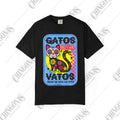 t-shirt featuring a colorful Day of the Dead cat with flowers and the phrase Gato Before Vato.