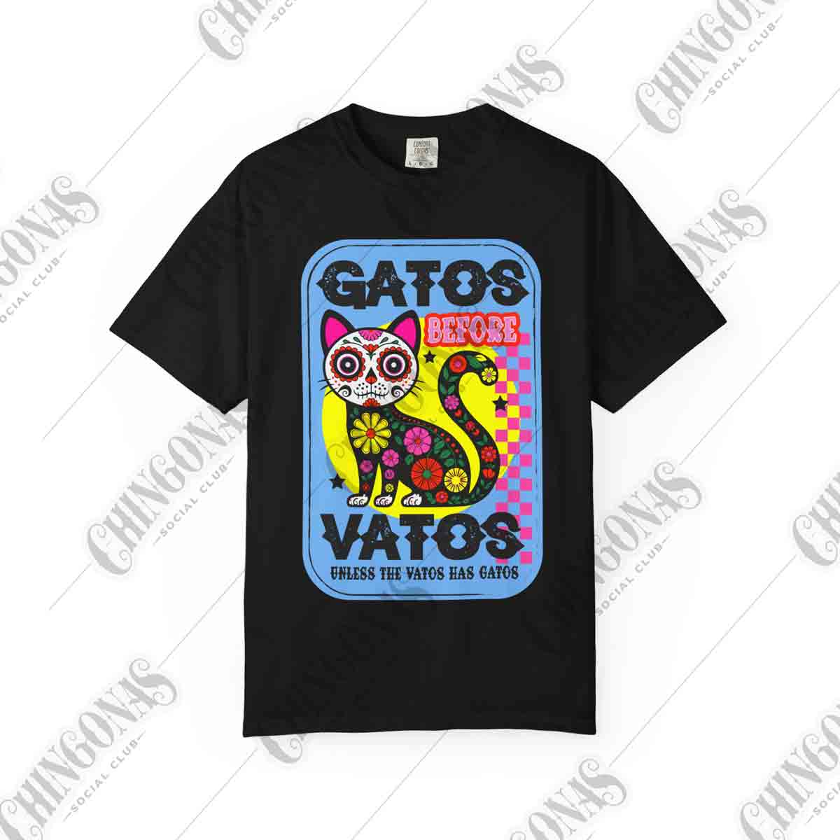 t-shirt featuring a colorful Day of the Dead cat with flowers and the phrase Gato Before Vato.