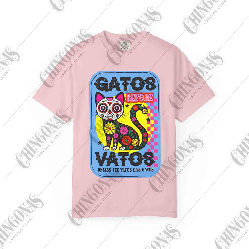 t-shirt featuring a colorful Day of the Dead cat with flowers and the phrase Gato Before Vato.