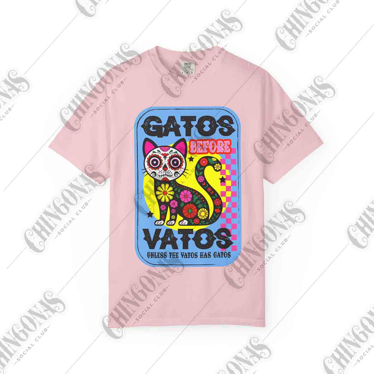 t-shirt featuring a colorful Day of the Dead cat with flowers and the phrase Gato Before Vato.