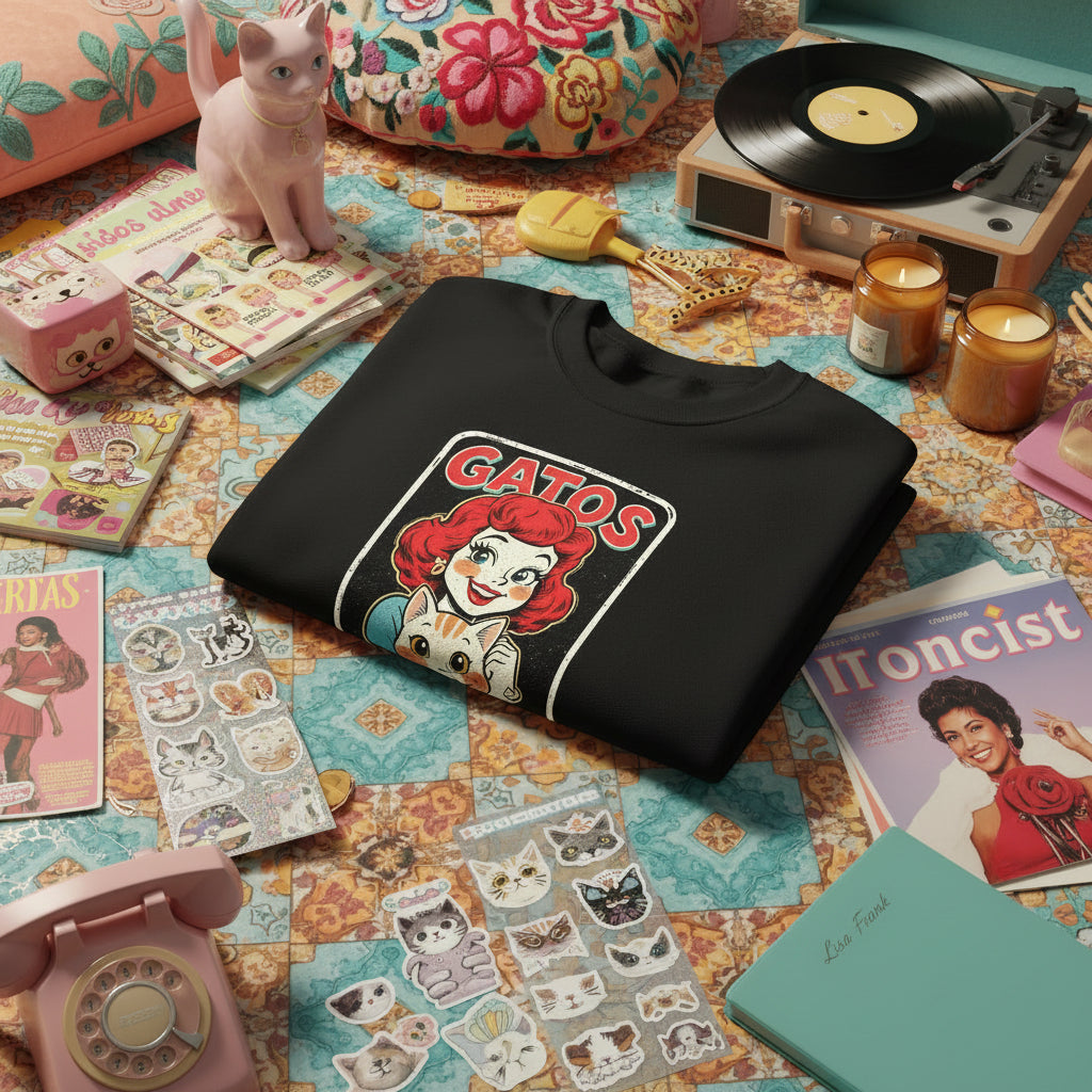 Gildan 18000 cat lover sweatshirt - retro gatos graphic chicana style crewneck