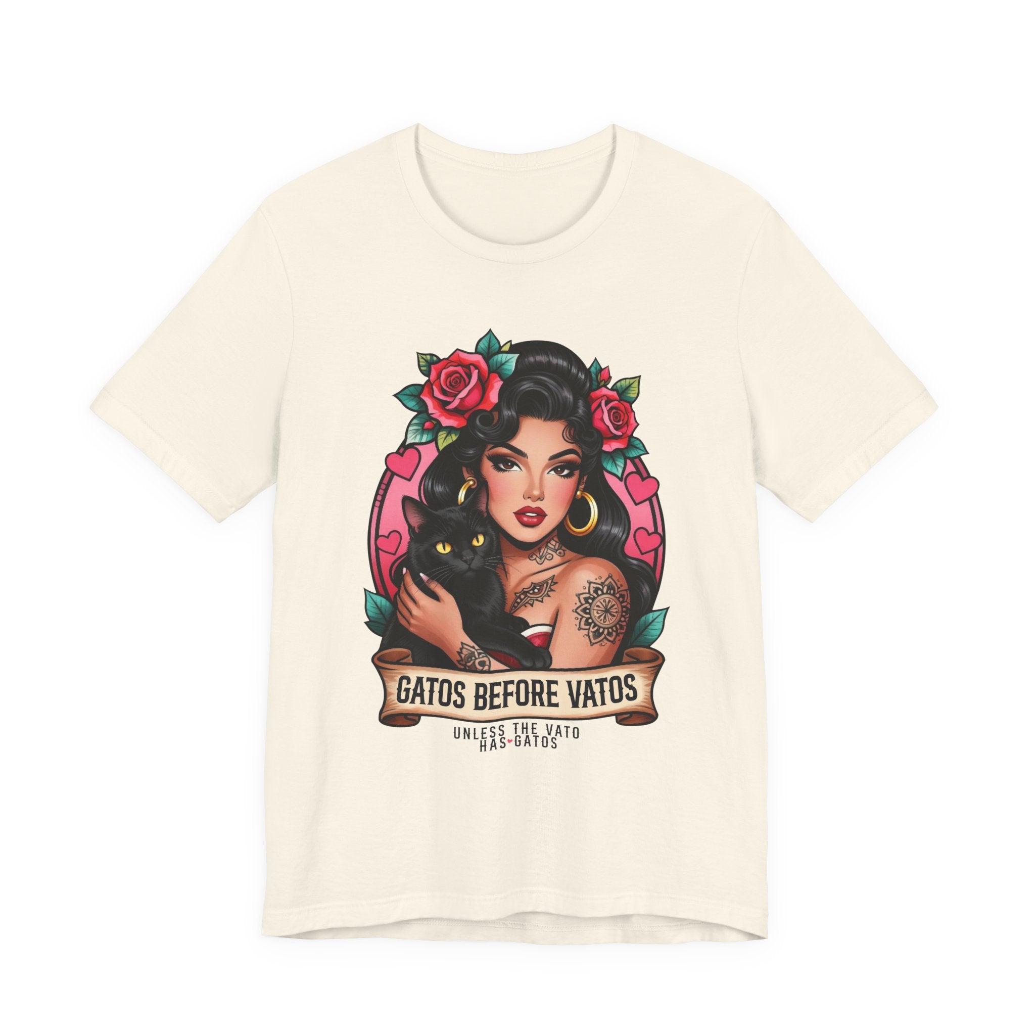 Latina model wearing a grey Gatos Before Vatos shirt with a tattooed woman and black cat illustration.