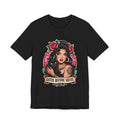 Latina model wearing a grey Gatos Before Vatos shirt with a tattooed woman and black cat illustration.