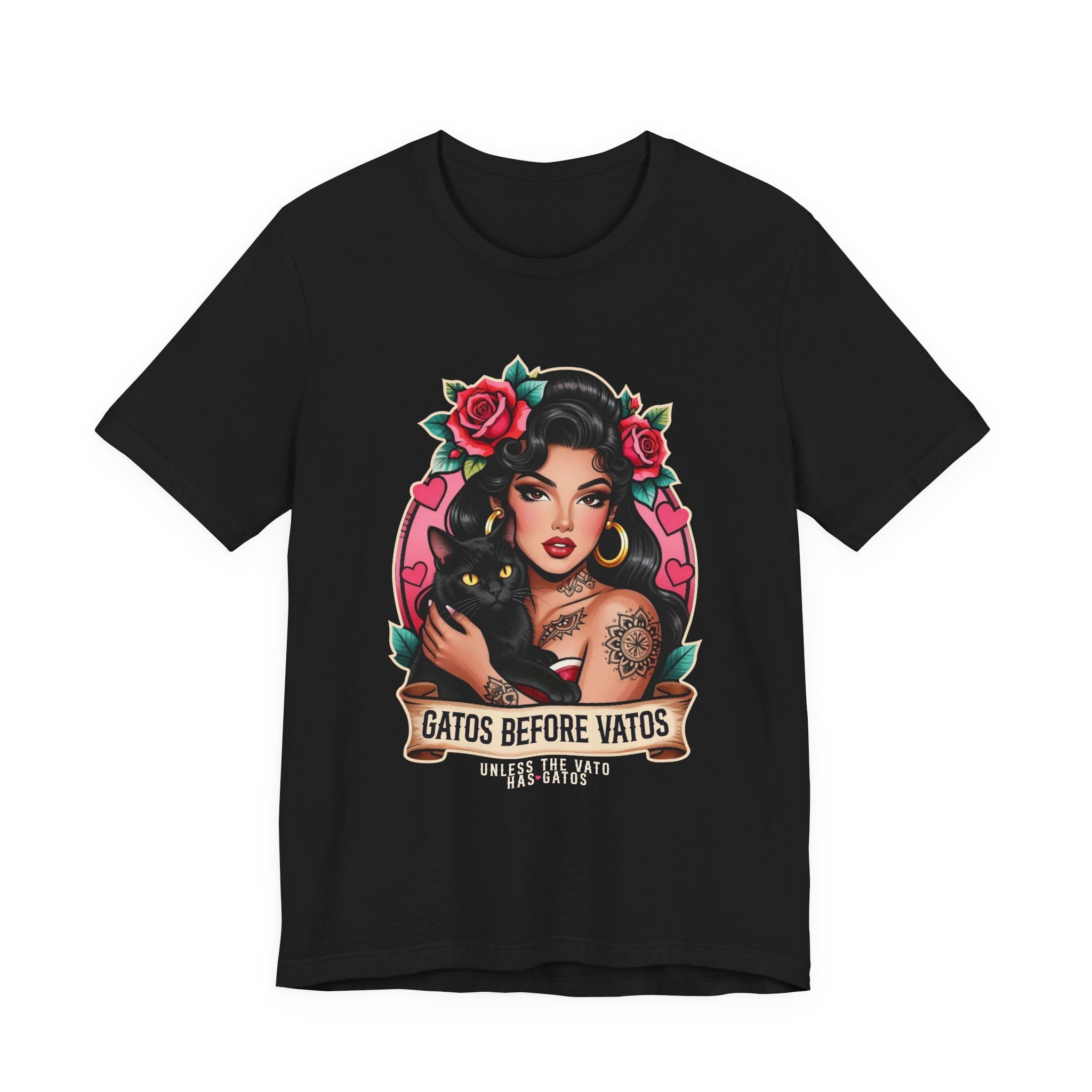 Latina model wearing a grey Gatos Before Vatos shirt with a tattooed woman and black cat illustration.