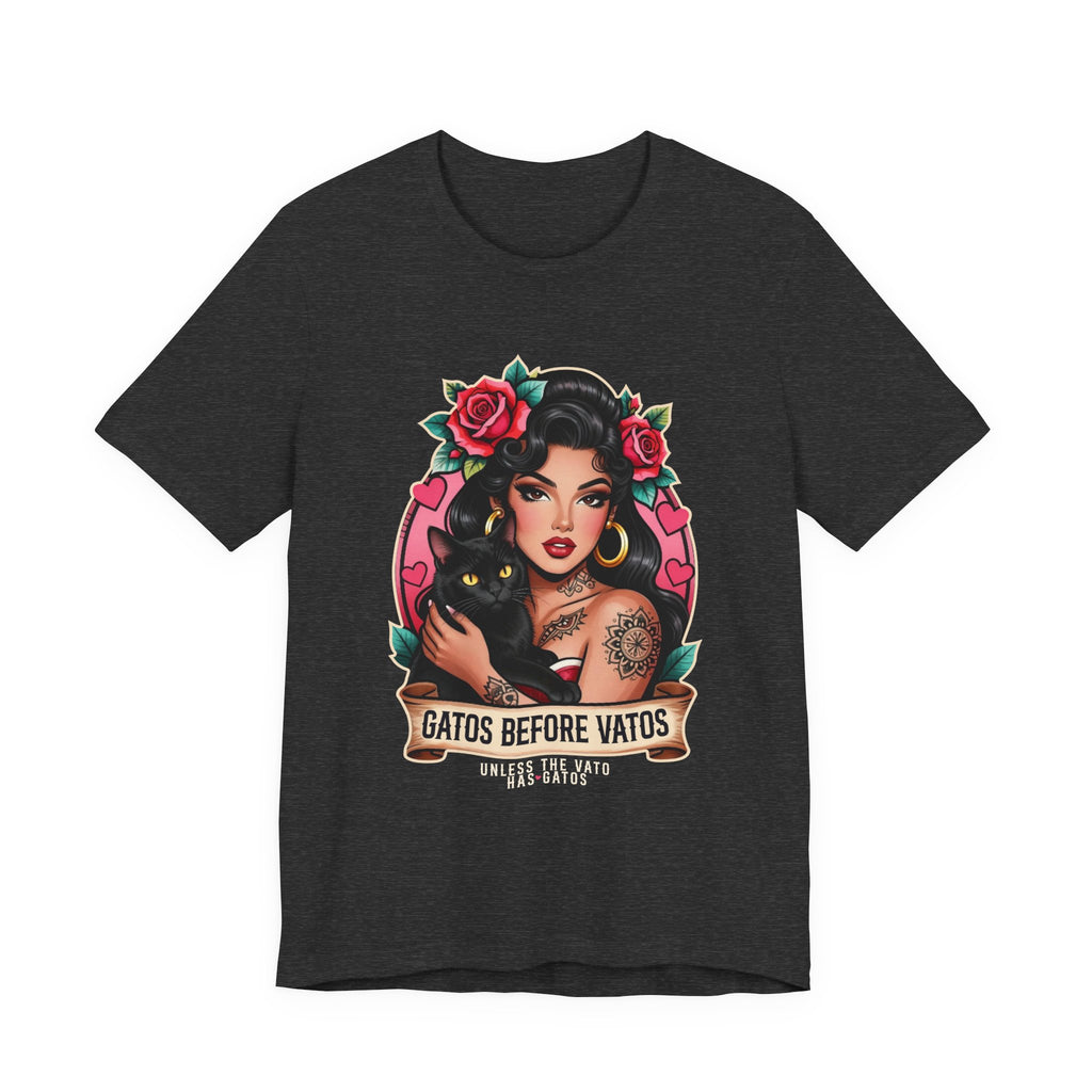 Latina model wearing a grey Gatos Before Vatos shirt with a tattooed woman and black cat illustration.