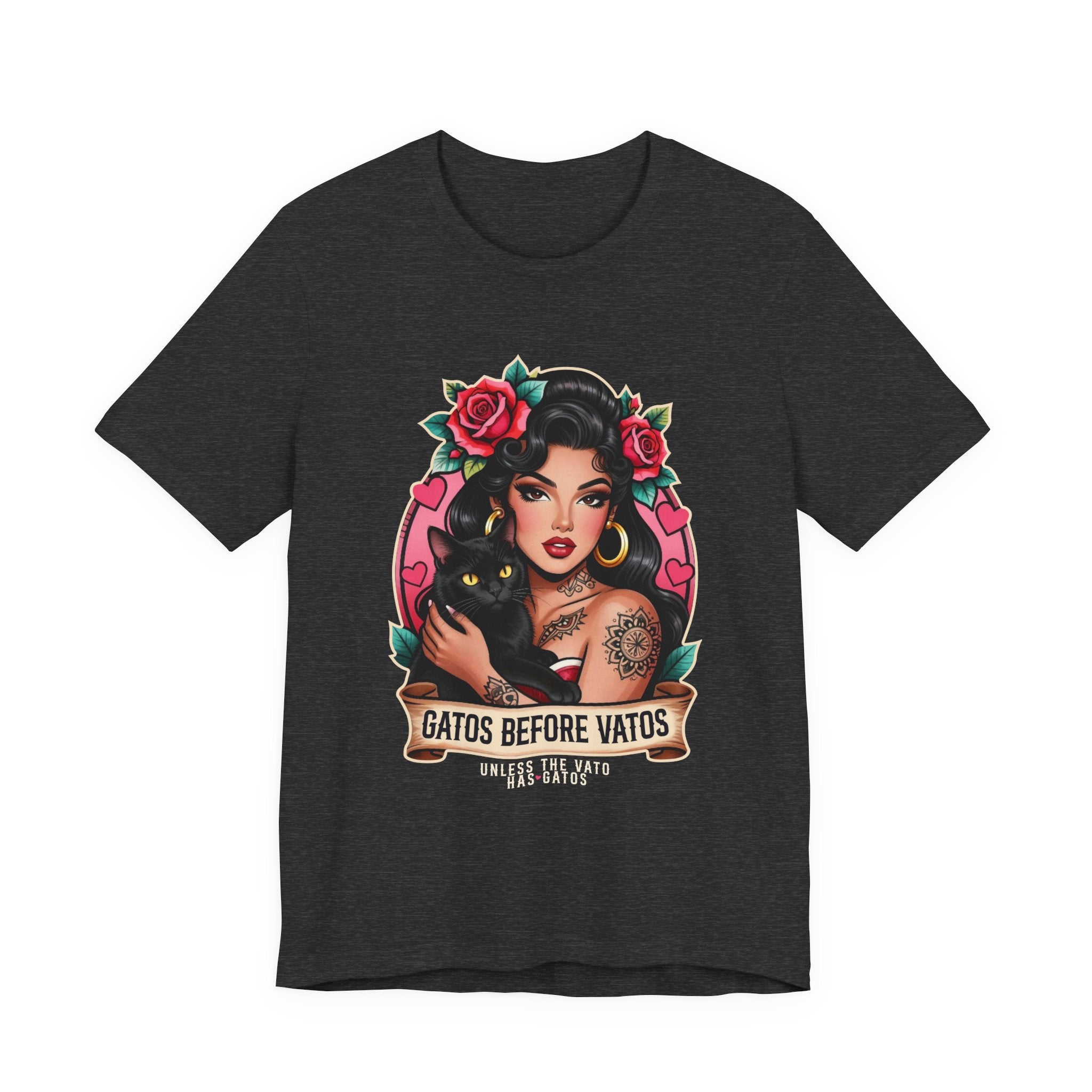 Latina model wearing a grey Gatos Before Vatos shirt with a tattooed woman and black cat illustration.