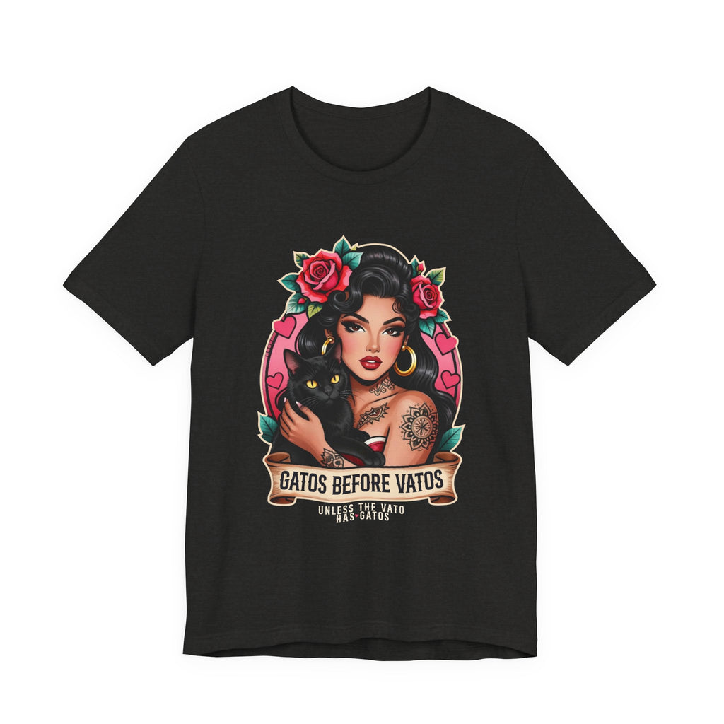 Latina model wearing a grey Gatos Before Vatos shirt with a tattooed woman and black cat illustration.