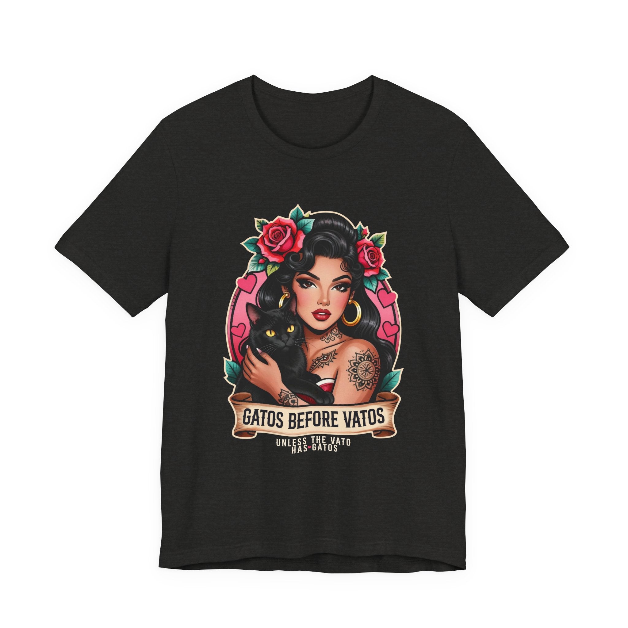 Latina model wearing a grey Gatos Before Vatos shirt with a tattooed woman and black cat illustration.