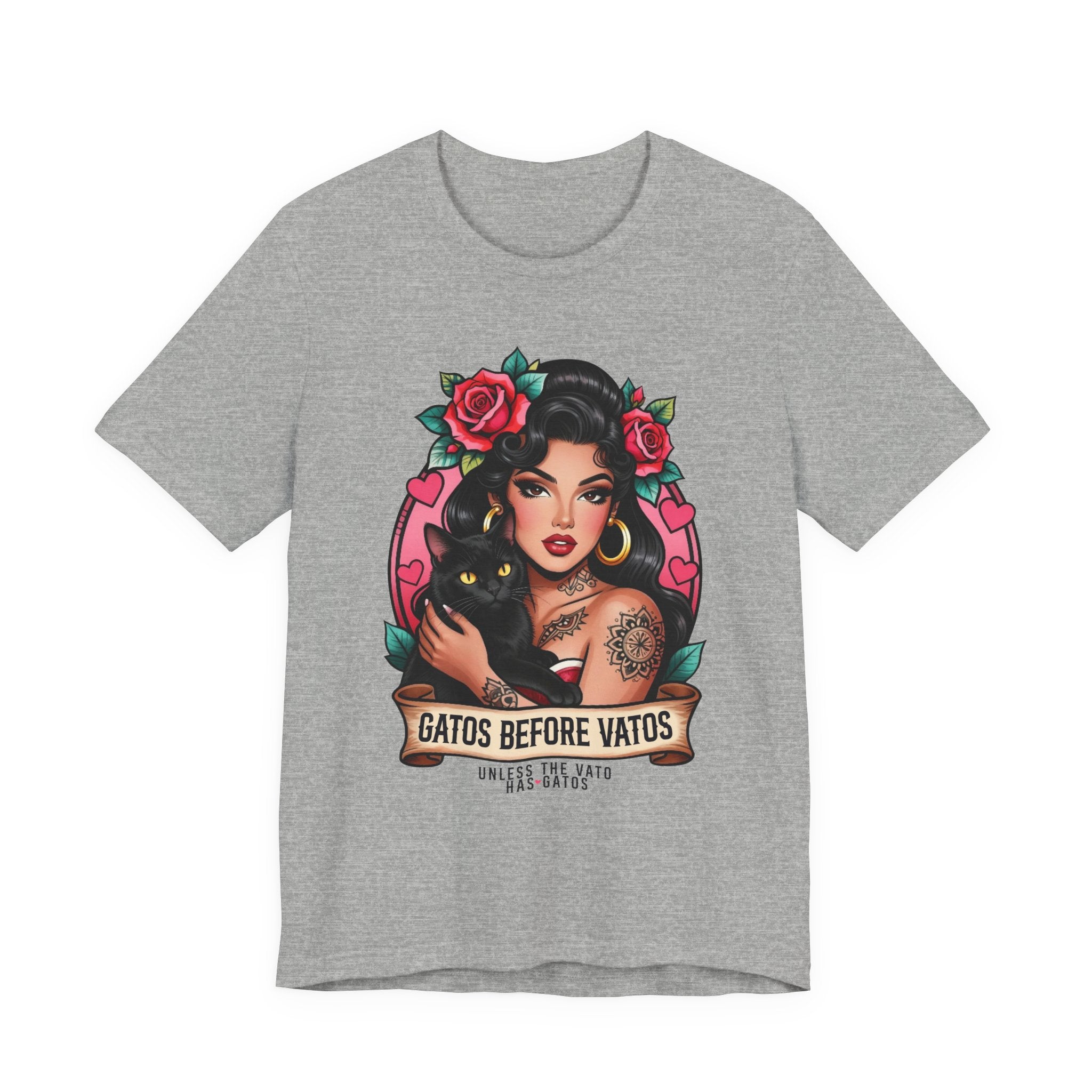 Latina model wearing a grey Gatos Before Vatos shirt with a tattooed woman and black cat illustration.