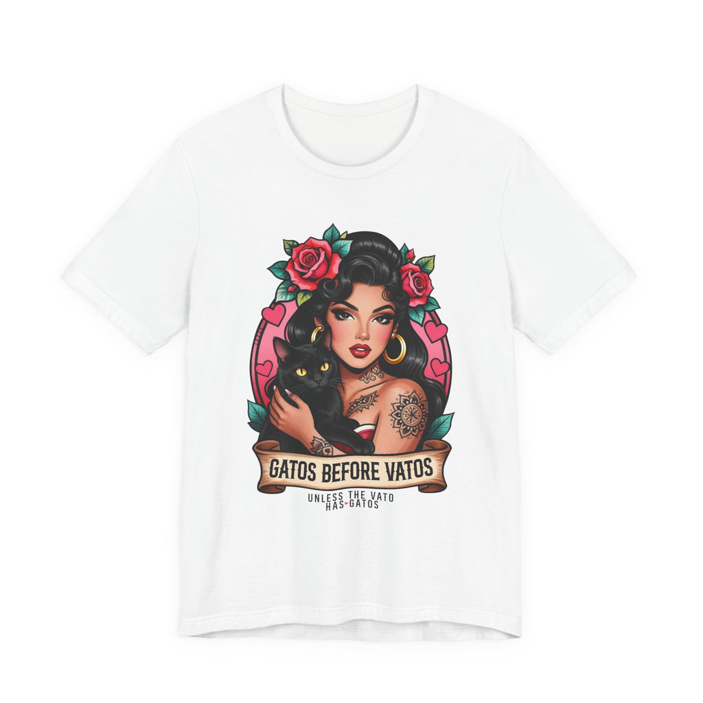 Latina model wearing a grey Gatos Before Vatos shirt with a tattooed woman and black cat illustration.