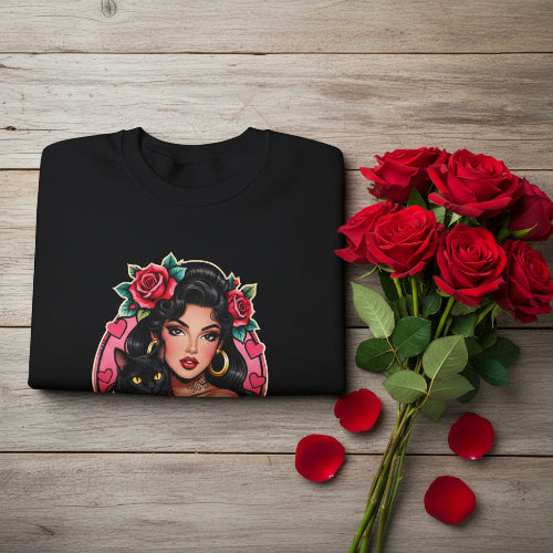 Group of Latina women wearing Gatos Before Vatos sweatshirts, celebrating Chicana culture.