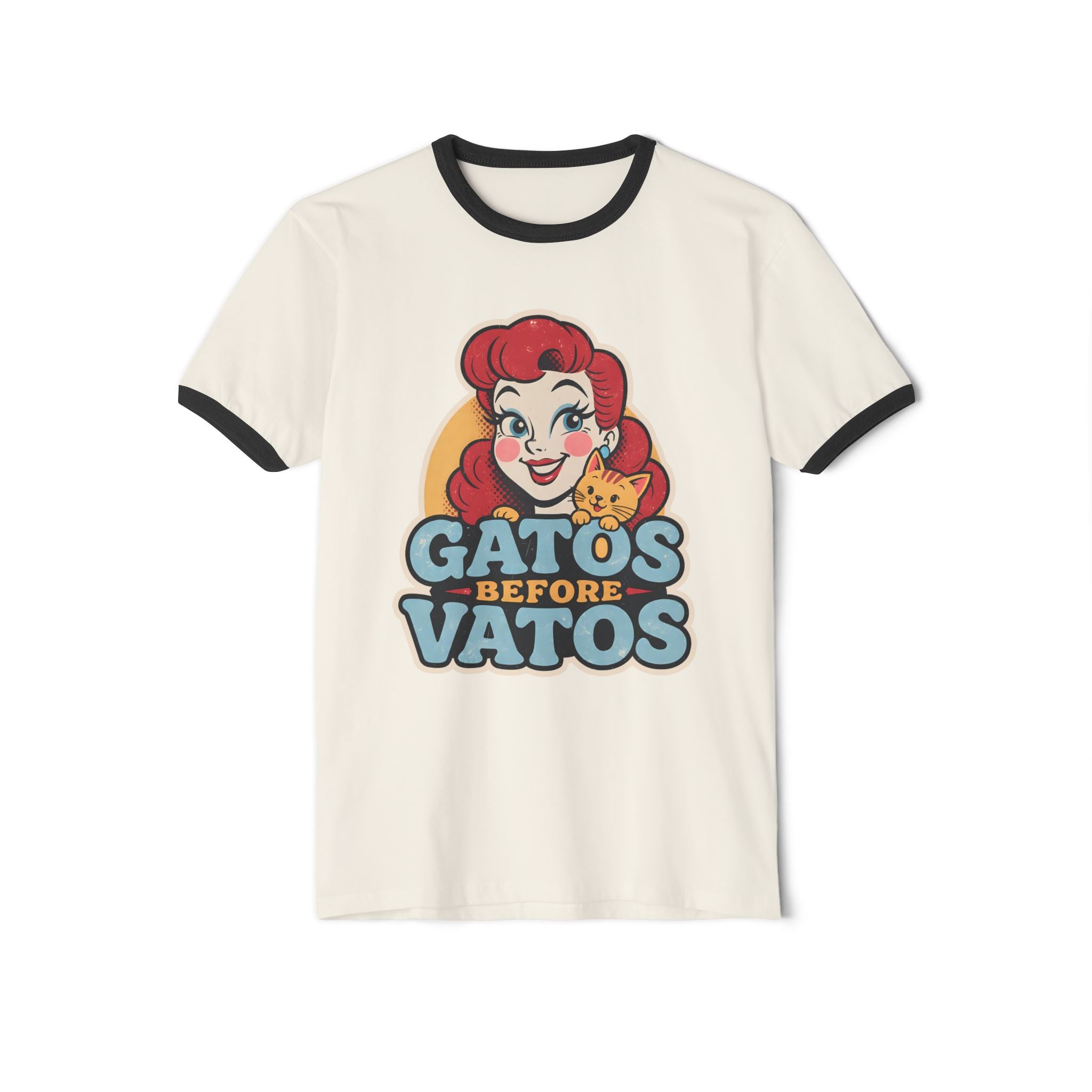 Retro ringer tee natural black - Gatos Before Vatos cat mama Latina graphic shirt