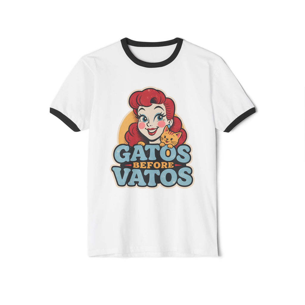 Gatos Before Vatos heather grey ringer tee - vintage chicana cat lover unisex shirt