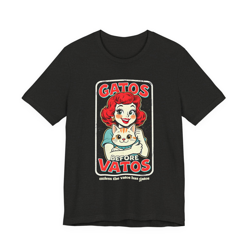 Bella Canvas cat lover tee for Latinas - Gatos Before Vatos retro design