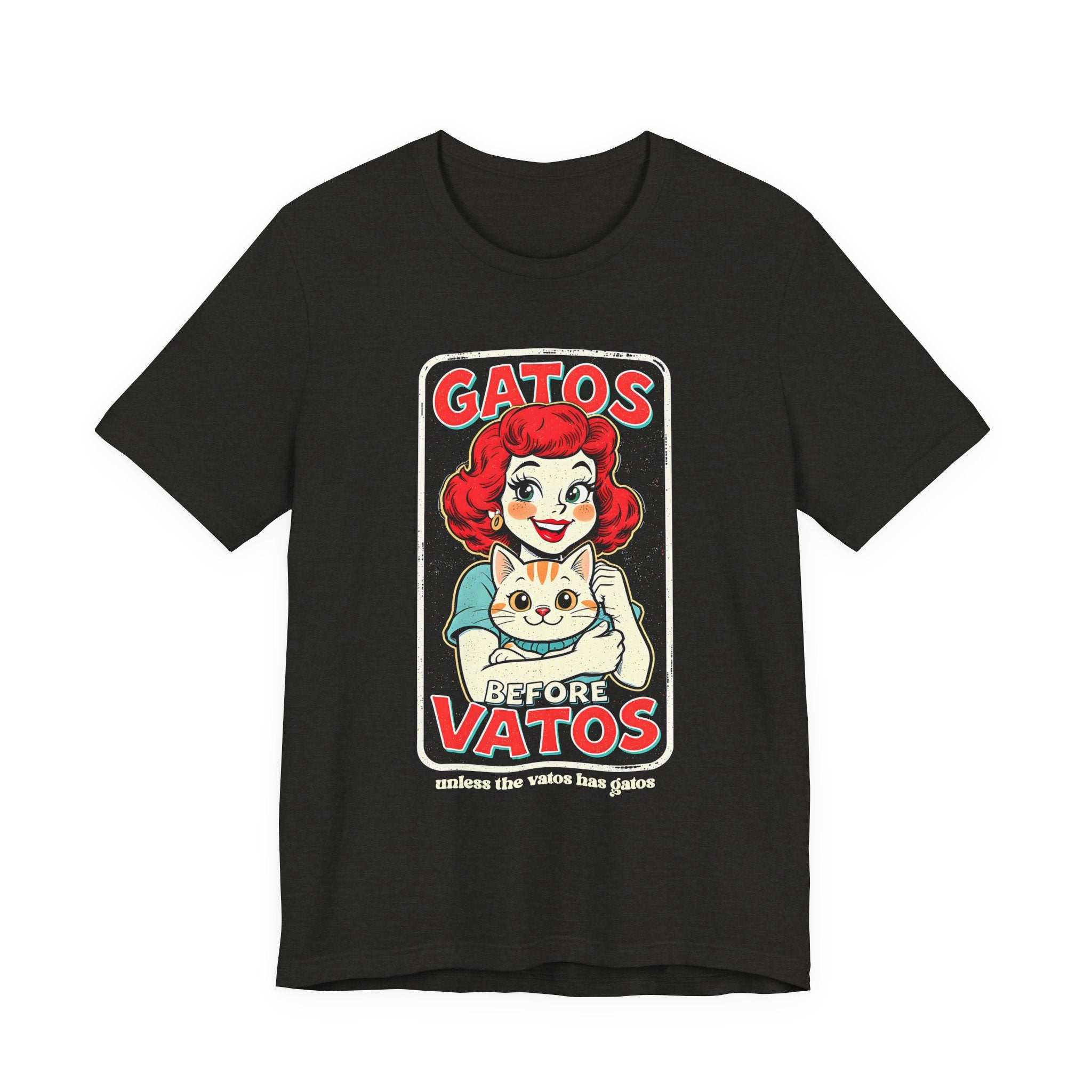 Bella Canvas cat lover tee for Latinas - Gatos Before Vatos retro design