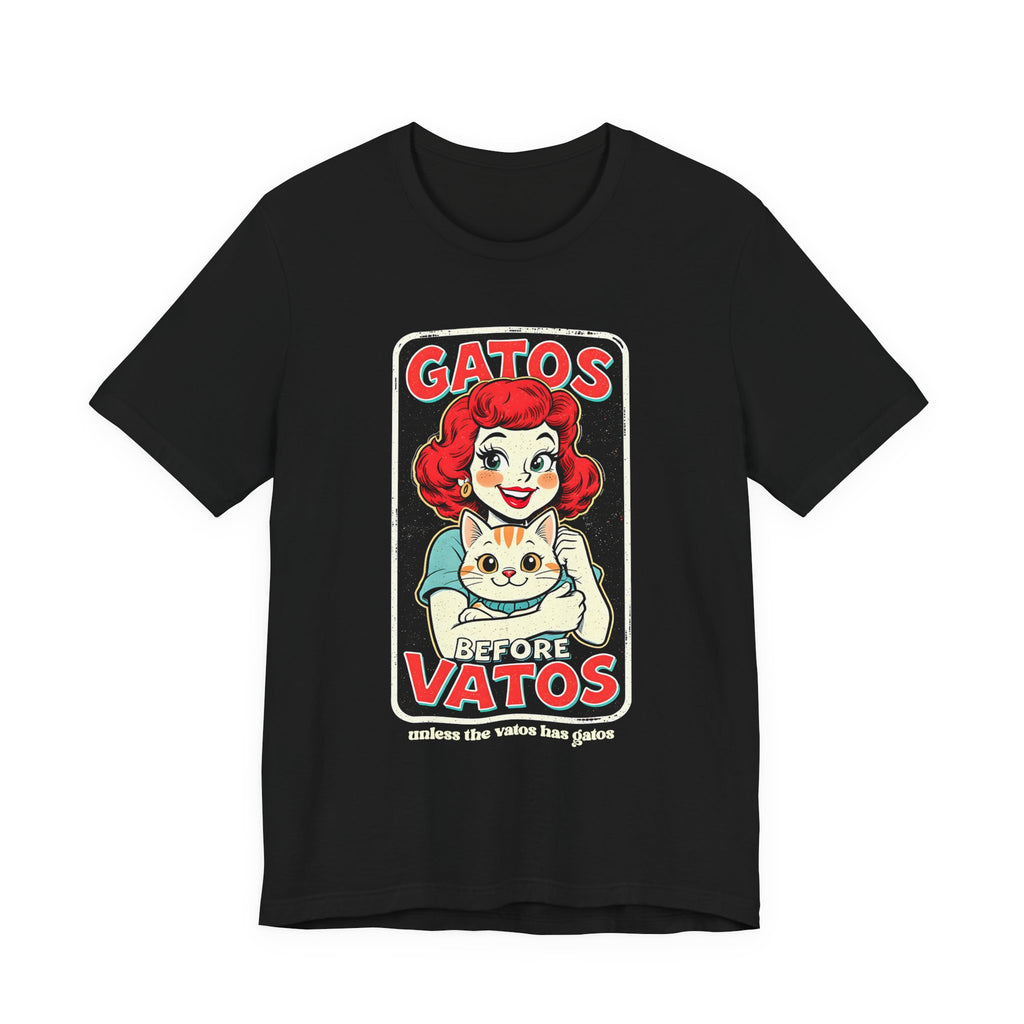 Gatos Before Vatos retro cartoon cat tee in black - chicana humor graphic shirt