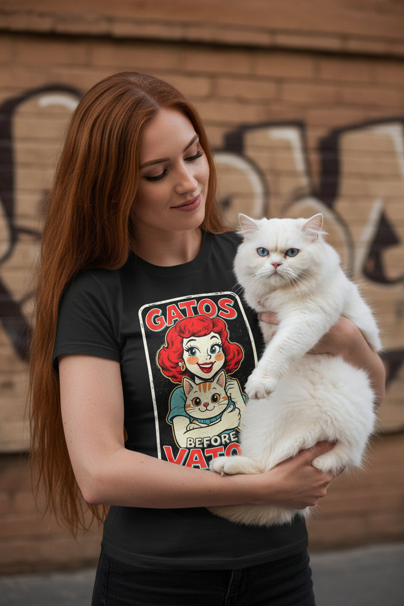 Gatos Before Vatos unisex tee - bold retro cat lover Latina pride shirt
